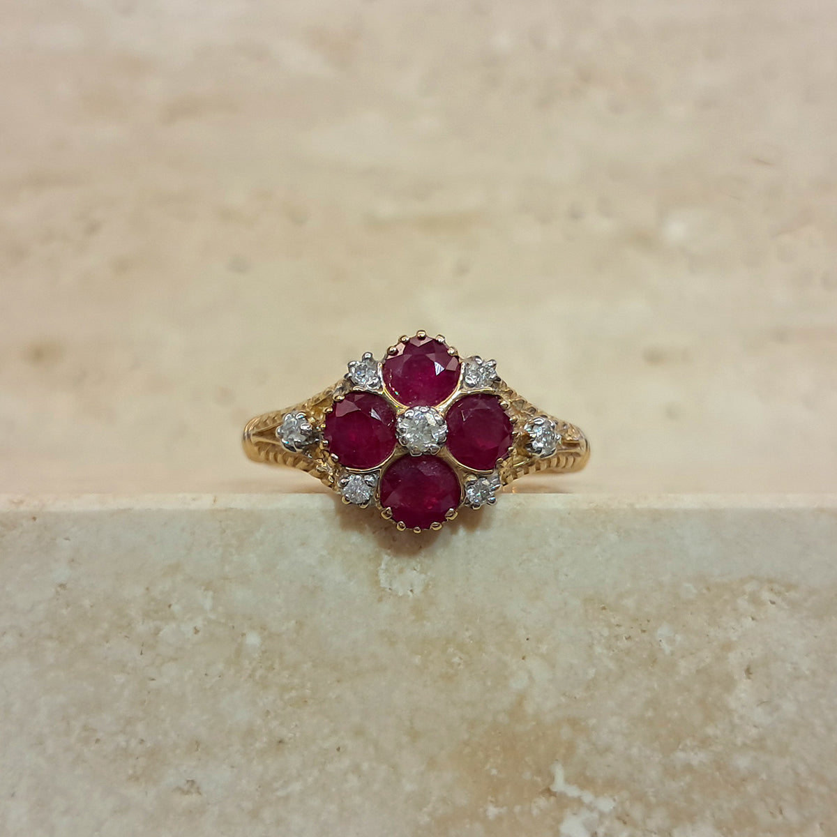 9ct Yellow Gold Ruby & Diamond Cluster Ring