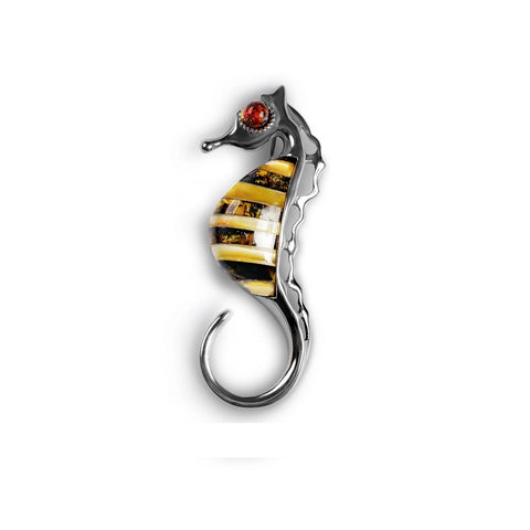 Sterling Silver Seahorse Brooch with Amber