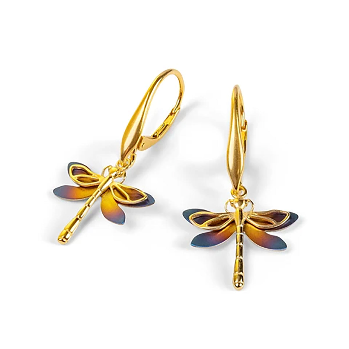 Sterling Silver, Titanium & Gold Plated Dragonfly Drop Earrings