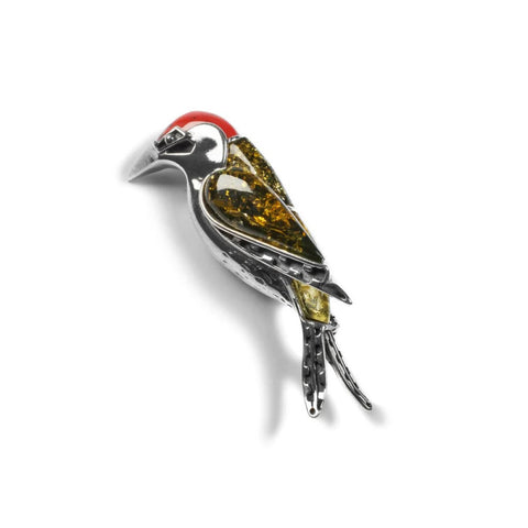 Sterling Silver Large Woodpecker Brooch with Amber & Coral