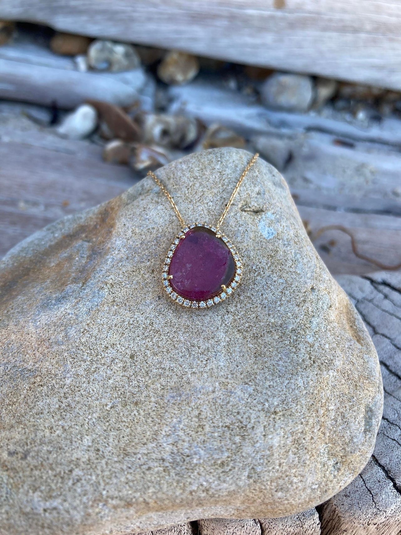 18ct Yellow Gold Watermelon Tourmaline and Diamond Pendant