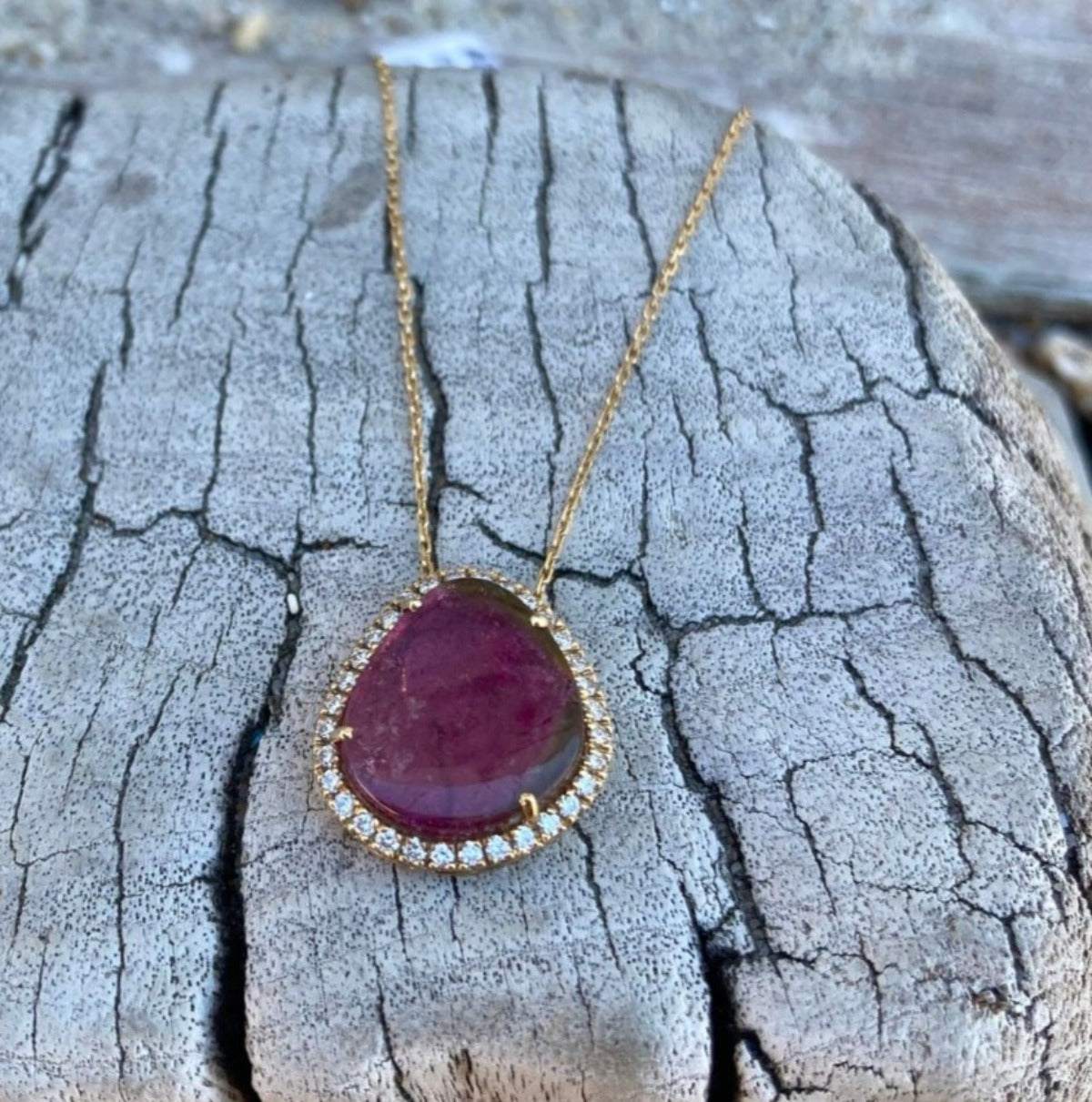 18ct Yellow Gold Watermelon Tourmaline and Diamond Pendant