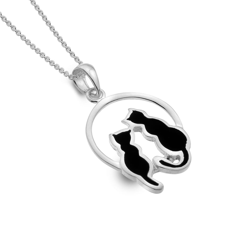 Sterling Silver World of Cats with Black Enamel Pendant Necklace