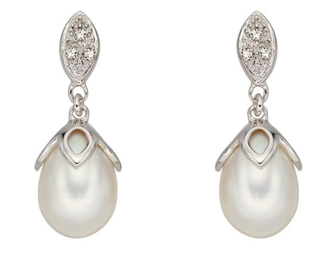 9ct White Gold, Diamond and Freshwater Pearl Drop Earrings