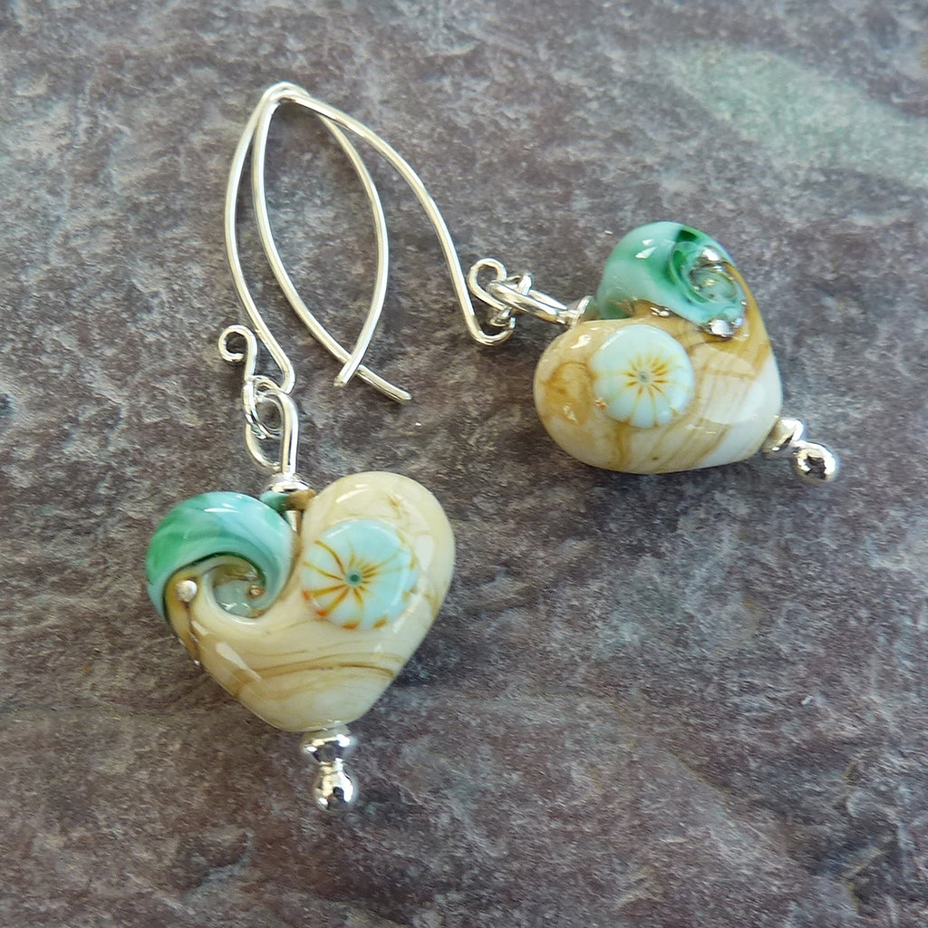 Beach Art Glass - Sand & Sea Heart Drop Earrings