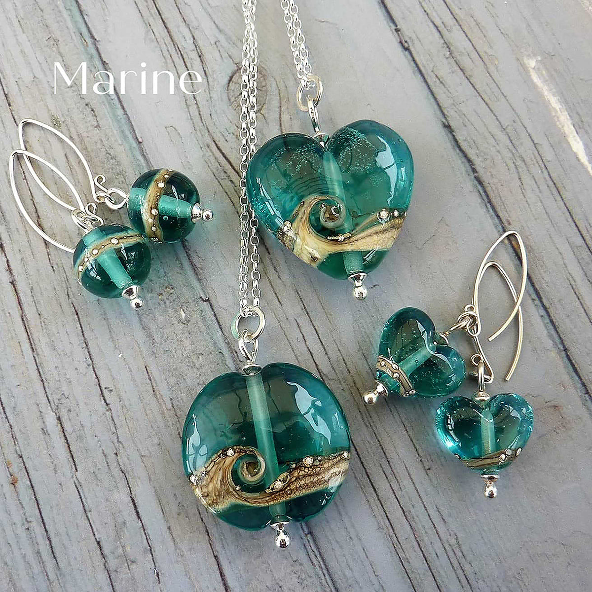 Beach Art Glass - Shoreline Marine Heart Necklace