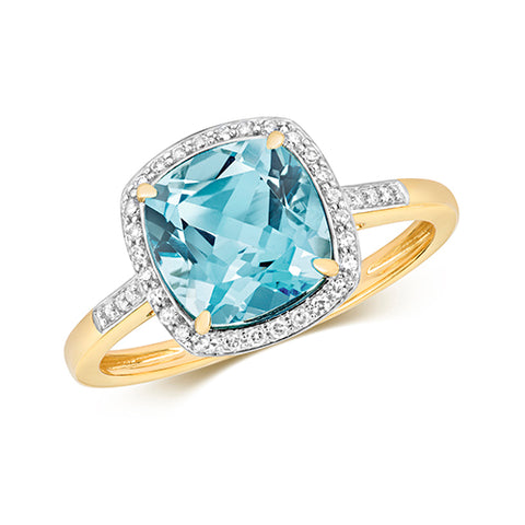 9ct Yellow Gold Light Swiss Blue Topaz and Diamond Cluster Ring