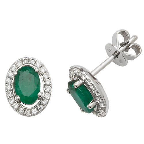 9ct White Gold Oval Emerald and Diamond Halo Cluster Earrings
