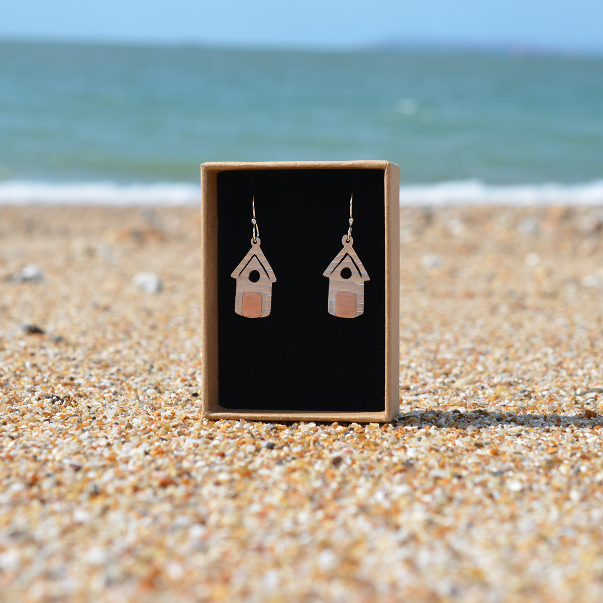 Handmade Silver Beach Hut Outline Drop Earrings