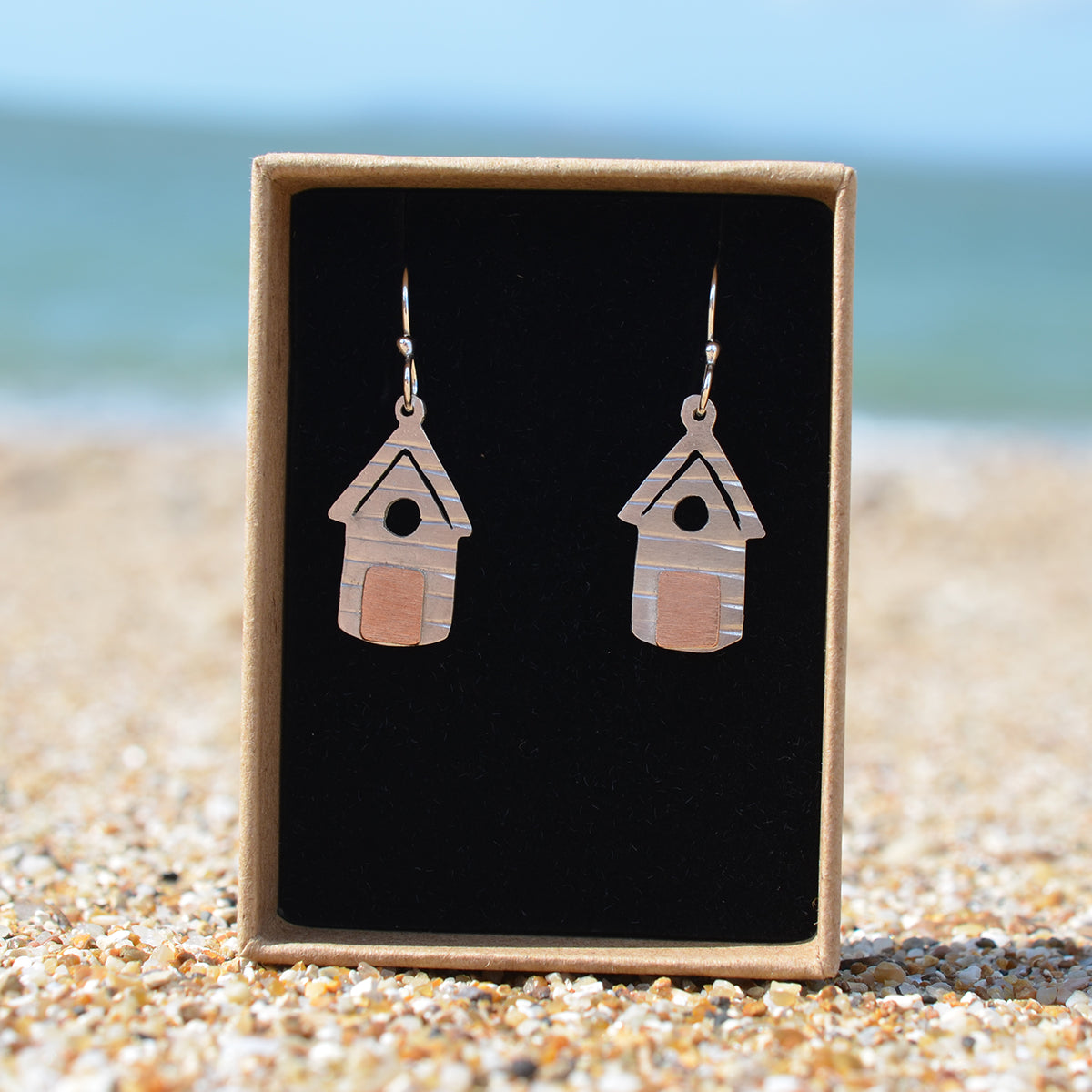 Handmade Silver Beach Hut Outline Drop Earrings
