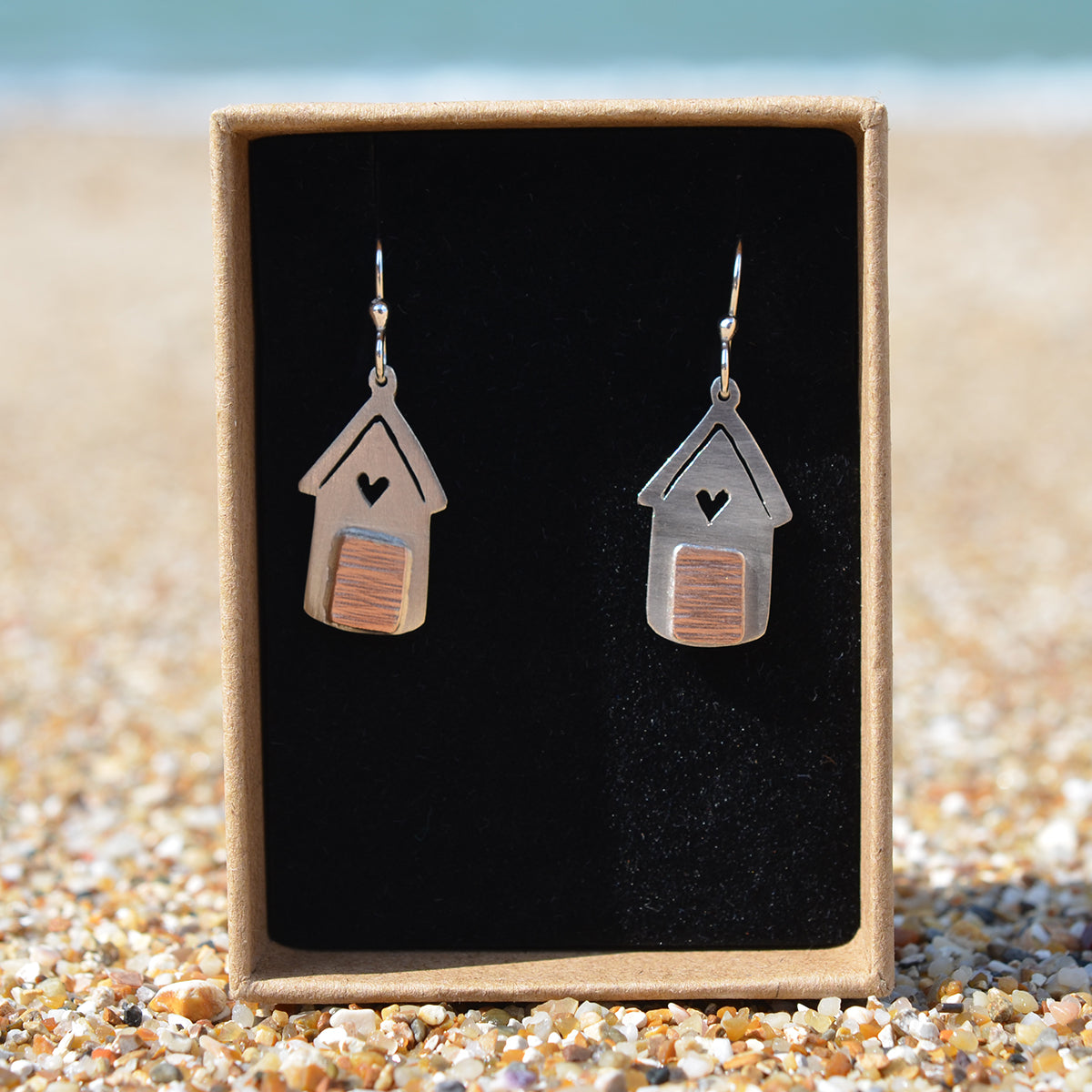 Handmade Silver Beach Hut Outline With Heart Drop Earrings