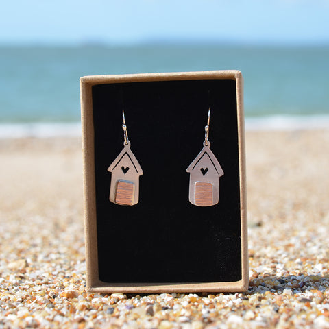 Handmade Silver Beach Hut Outline With Heart Drop Earrings