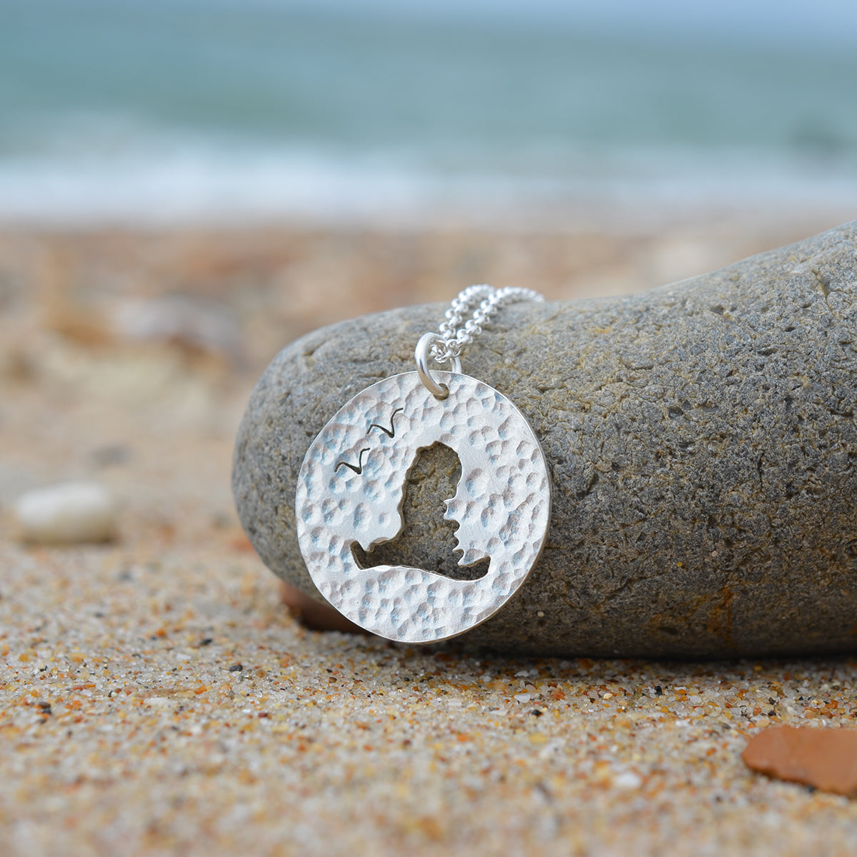 Handmade Silver Hammered Medium Round Cutout Hayling Island Pendant