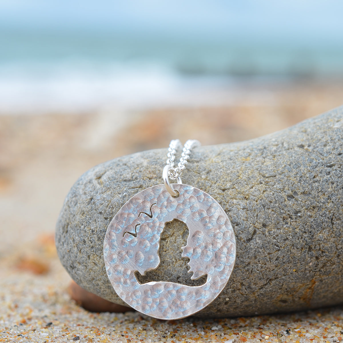 Handmade Silver Hammered Medium Round Cutout Hayling Island Pendant