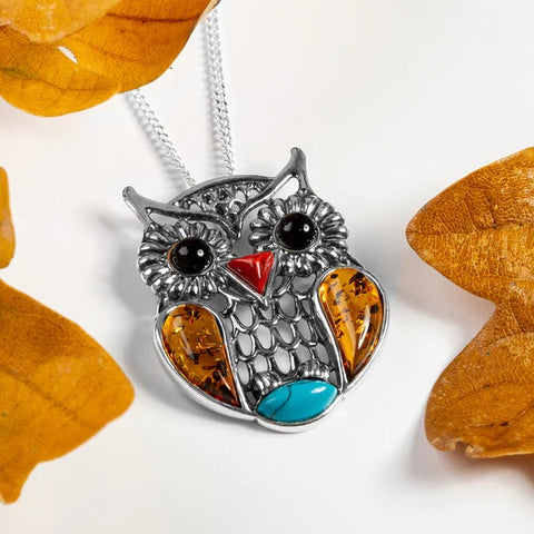 Sterling Silver Owl Necklace with Amber & Turquoise