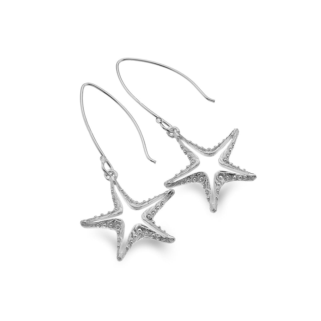 Sterling Silver Textured Starfish Outline Drop Earrings