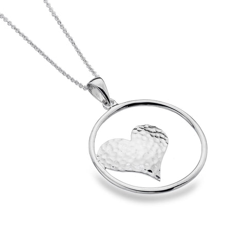 Sterling Silver Large Hammered Heart in Circle Pendant Necklace