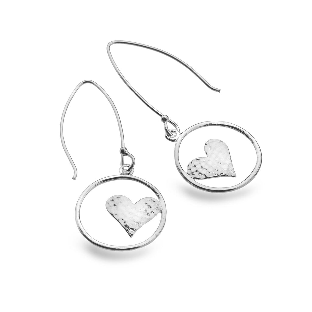 Sterling Silver Hammered Heart in Circle Drop Earrings