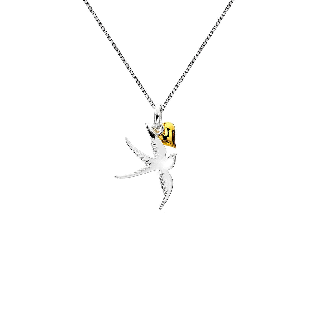 Sterling Silver & Yellow Gold Plated Swallow & Heart Pendant Necklace