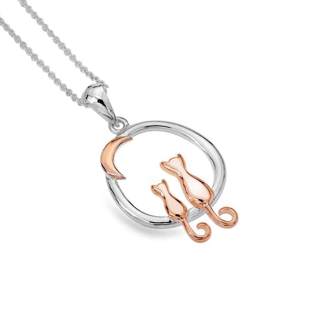 Sterling Silver & Rose Gold Plating Cats & Moon Pendant Necklace