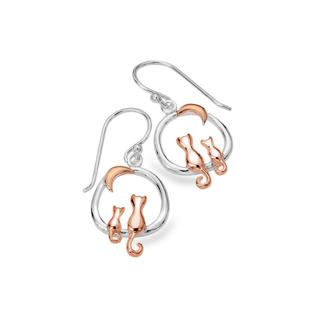 Sterling Silver & Rose Gold Plated Cats & Moon Drop Earrings