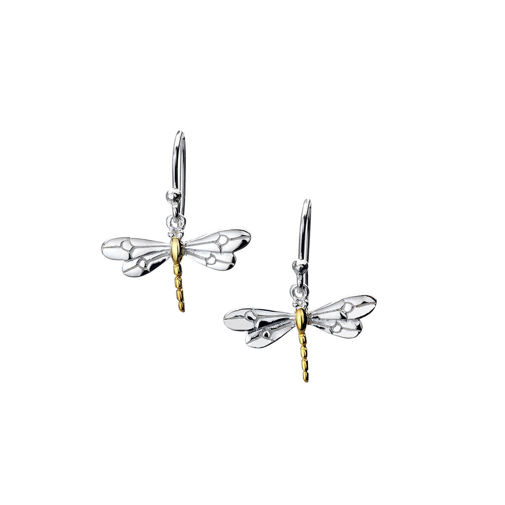 Sterling Silver & Yellow Gold Plated Dragonfly Drop Earrings
