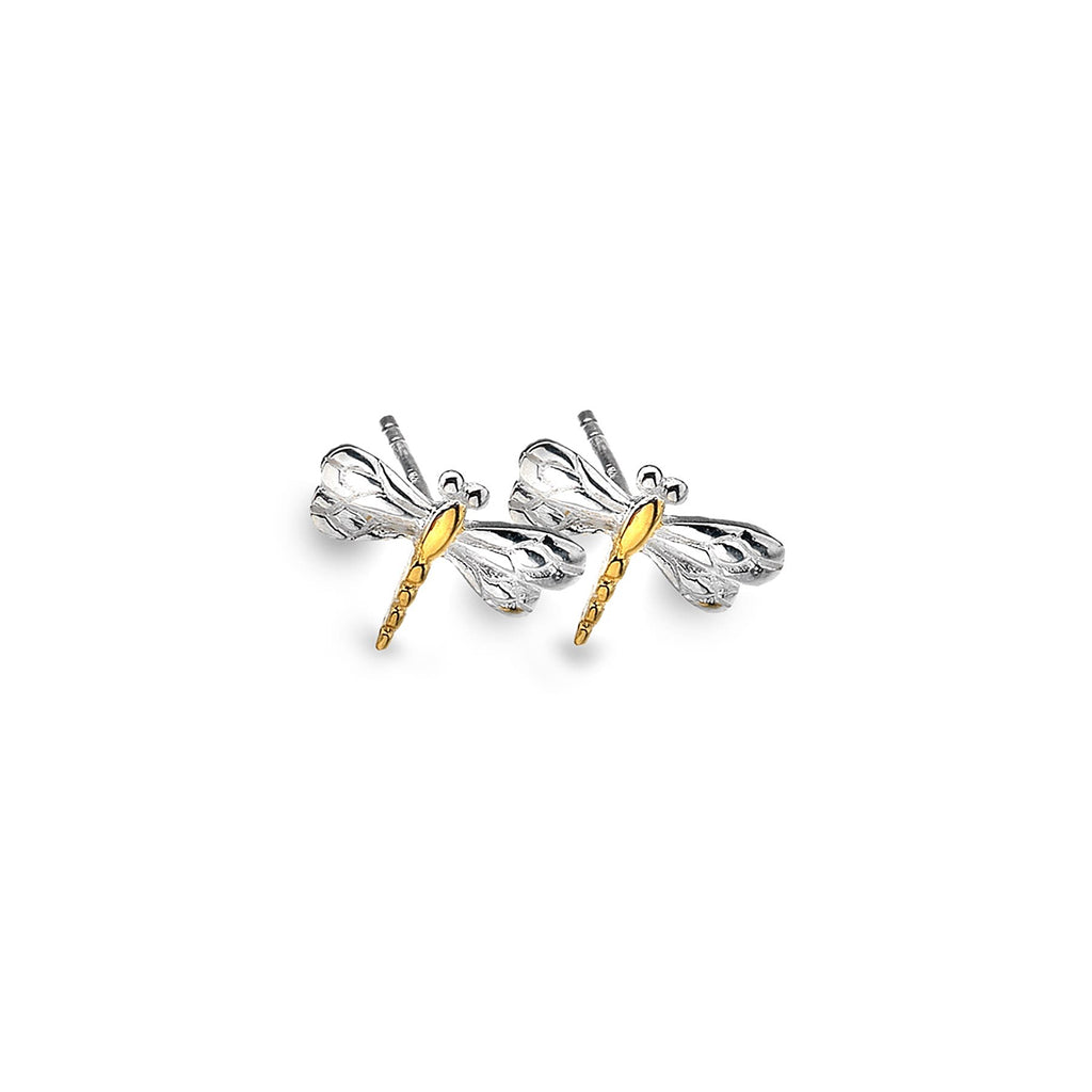Sterling Silver & Yellow Gold Plated Small Dragonfly Stud Earrings