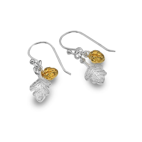 Sterling Silver & Yellow Gold Plated Oak Leaf & Acorn Drop Earrings