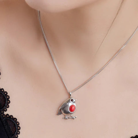 Sterling Silver, Coral and Amber Robin Necklace