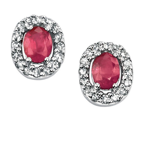 9ct White Gold Ruby and Diamond Oval Cluster Earrings