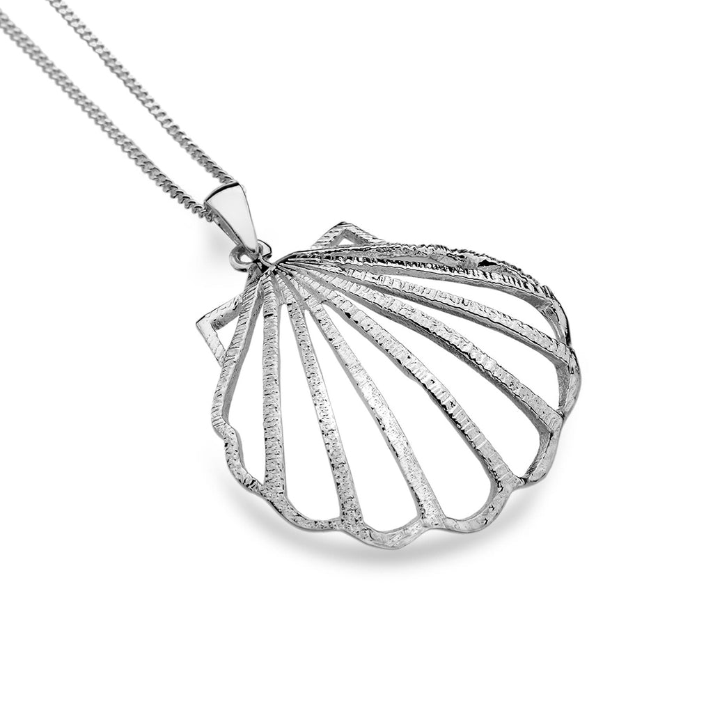 Sterling Silver Large Clam Shell Pendant Necklace