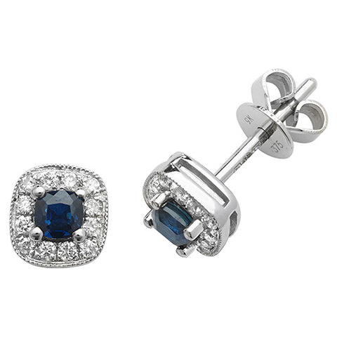 9ct White Gold Sapphire and Diamond Square Cluster Earrings