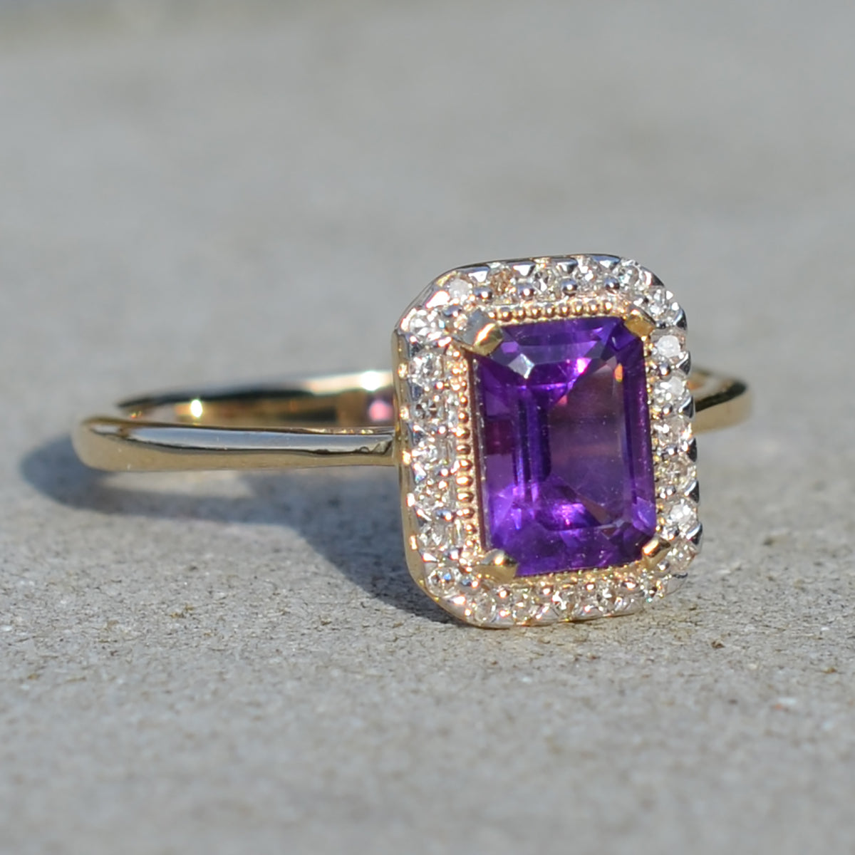 9ct Yellow Gold Amethyst & Diamond Cluster Ring