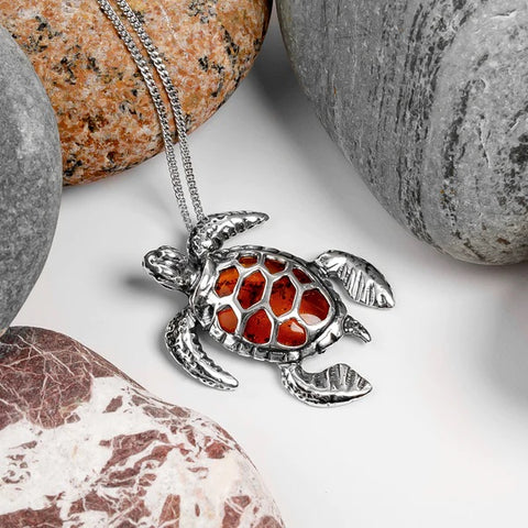 Sterling Silver and Amber Sea Turtle Necklace
