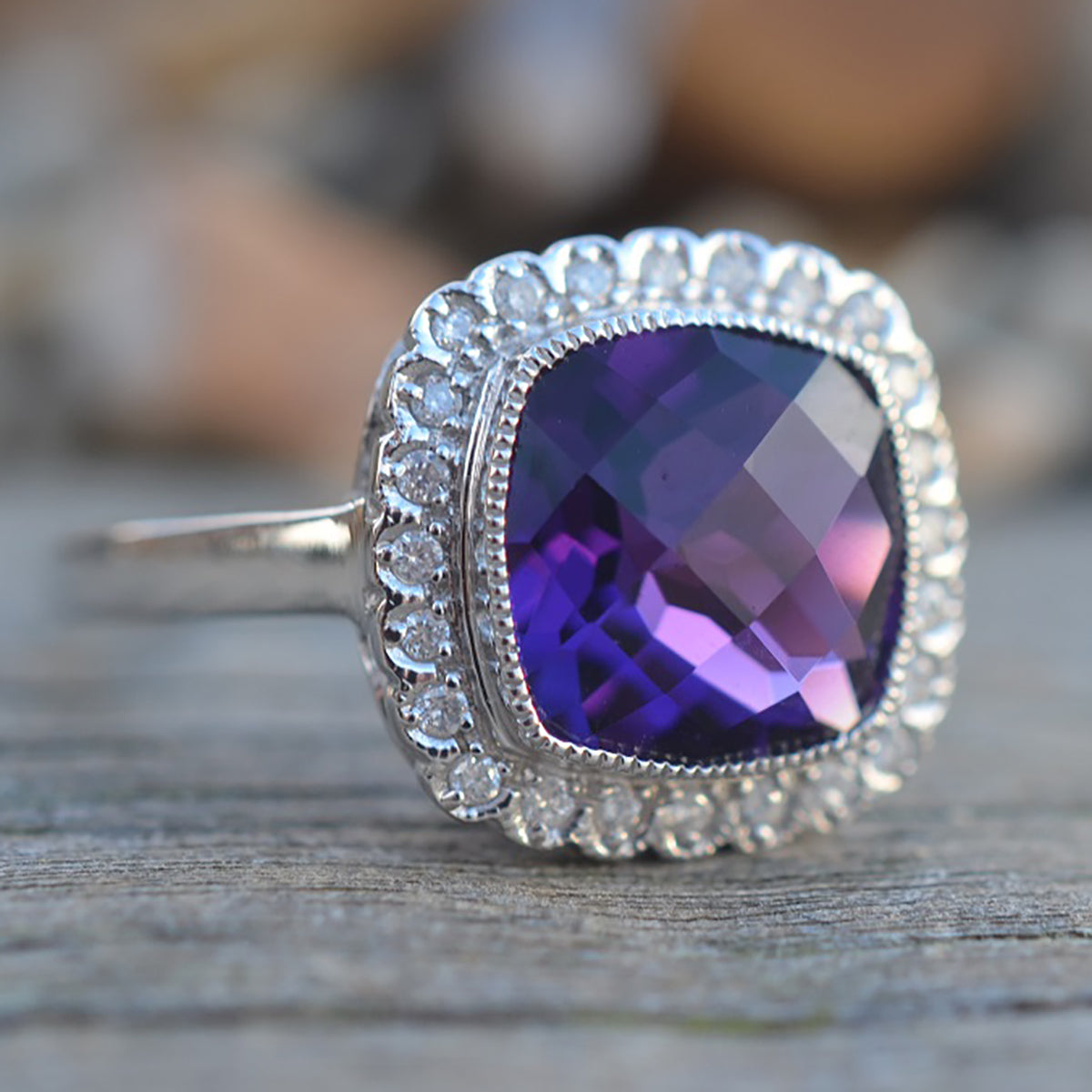 9ct White Gold Amethyst & Diamond Ring