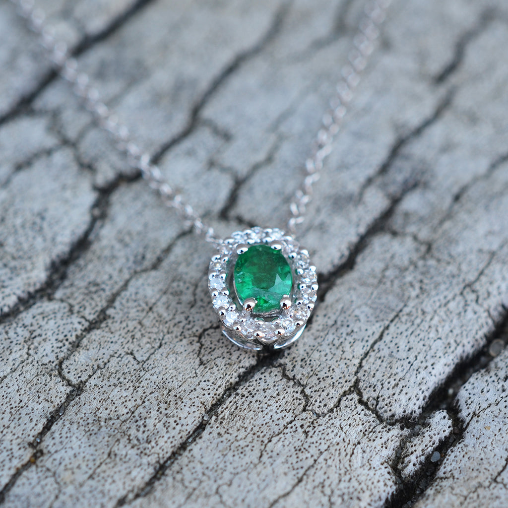 9ct White Gold Emerald & Diamond Pendant Necklace