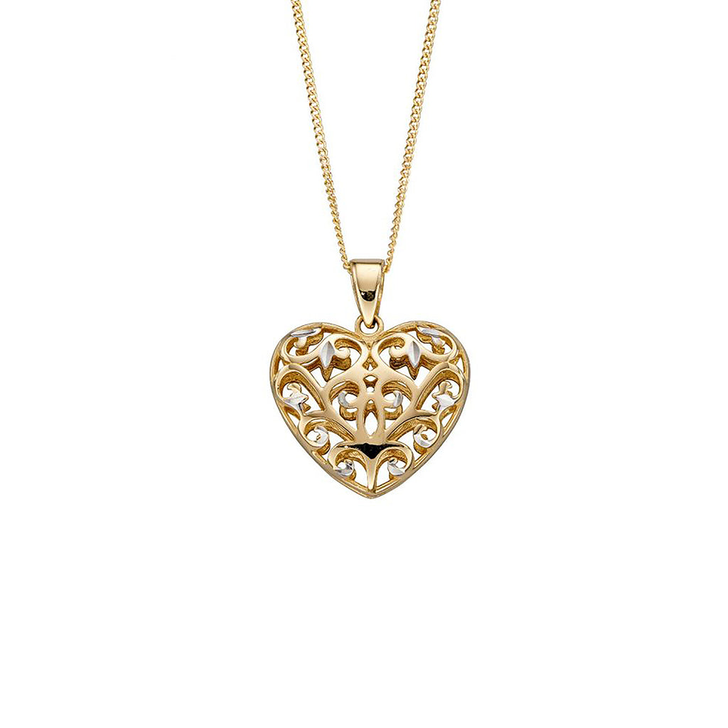 9ct Yellow & White Gold Filigree Heart Pendant Necklace