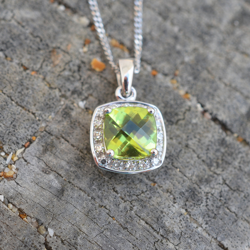 9ct White Gold Peridot & Diamond Pendant Necklace