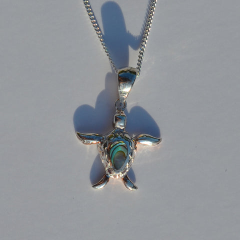 Sterling Silver & Paua Shell Turtle Pendant Necklace